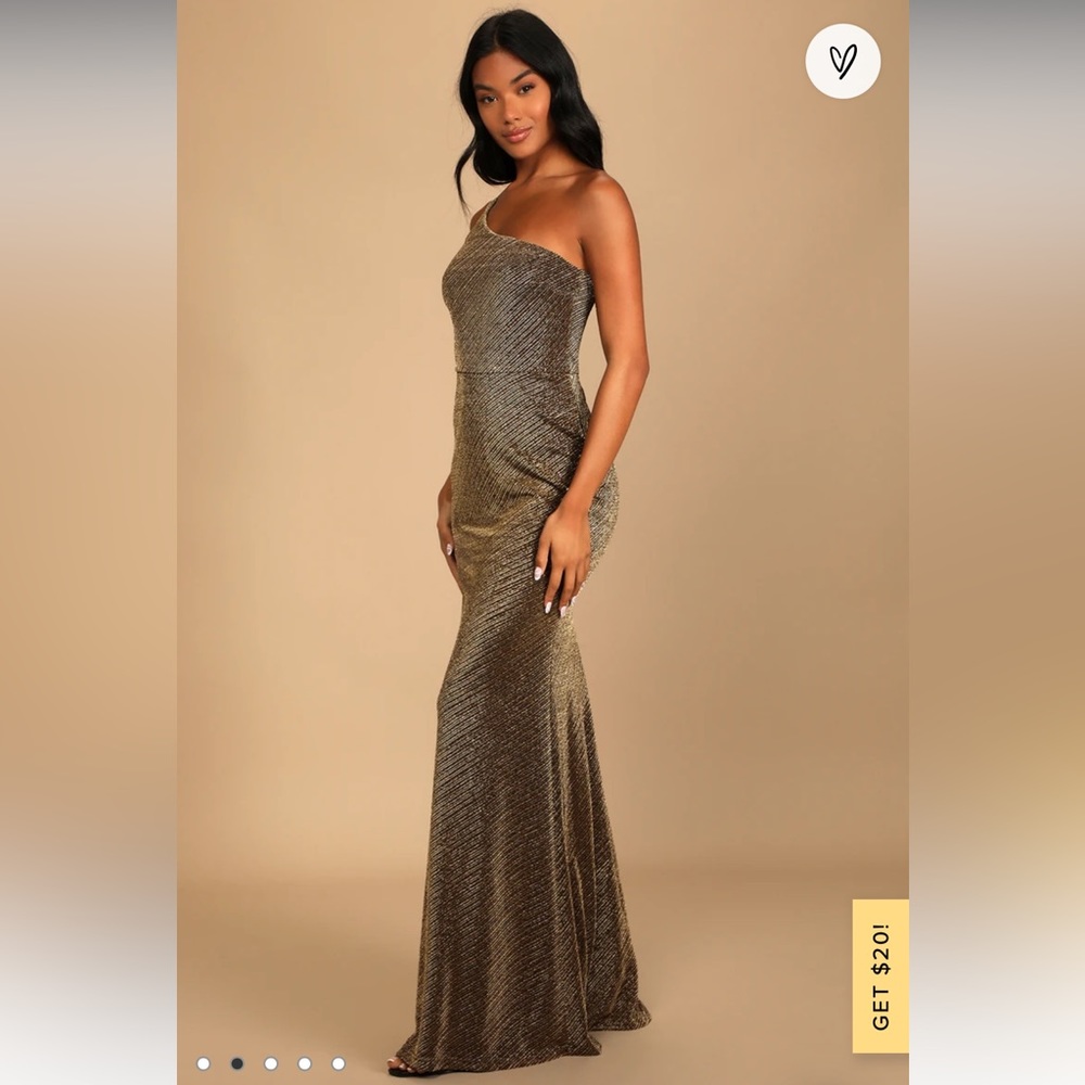 Lulu’s black and gold one shoulder maxi dress